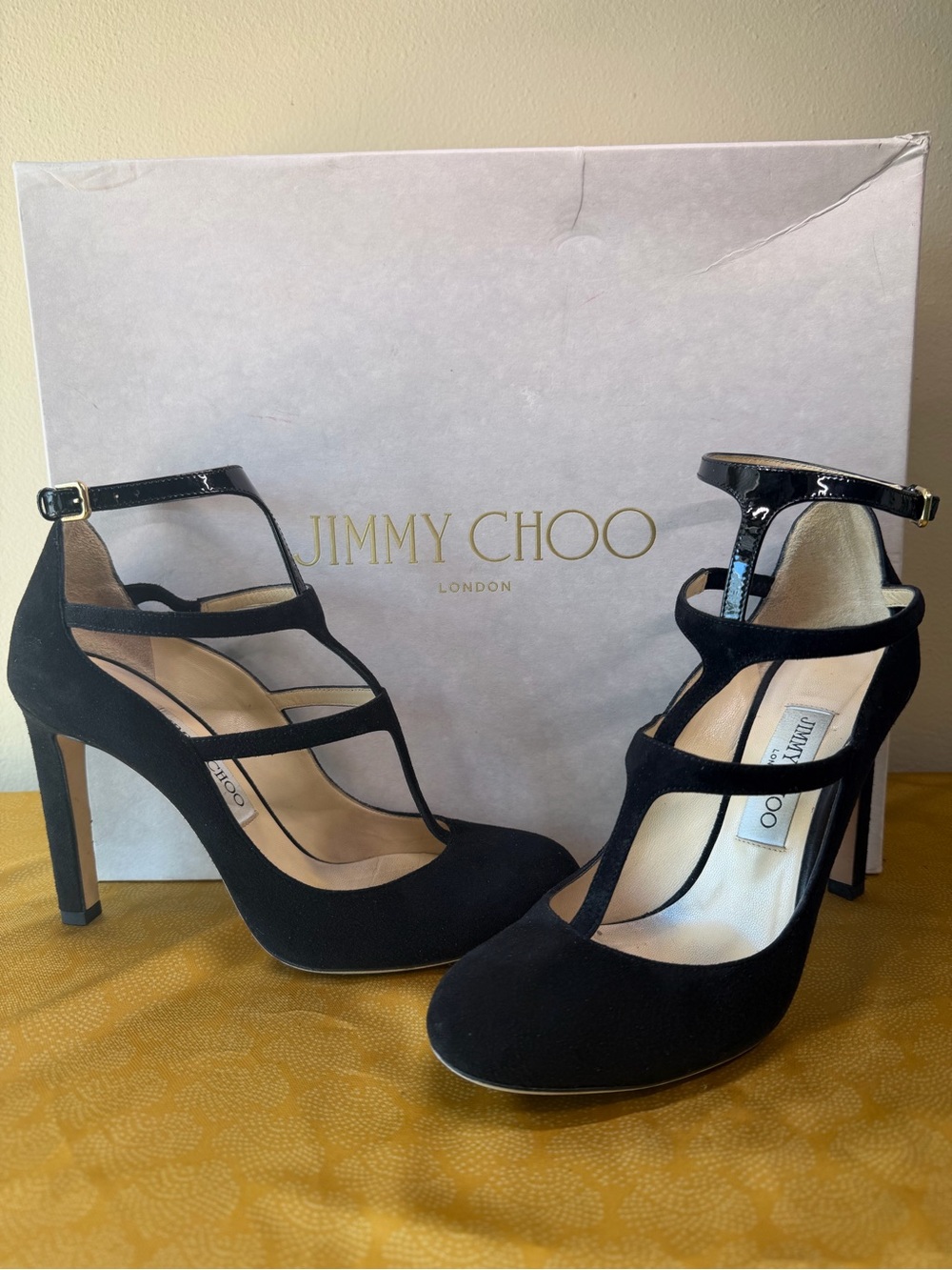 Jimmy Choo Doll Black Suede Ankle Strap Heels Pumps 100mm EU 38 US 8.5